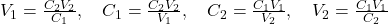 Rendered by QuickLaTeX.com V_1 = \frac{C_2V_2}{C_1}, \quad C_1 = \frac{C_2V_2}{V_1}, \quad C_2 = \frac{C_1V_1}{V_2}, \quad V_2 = \frac{C_1V_1}{C_2}